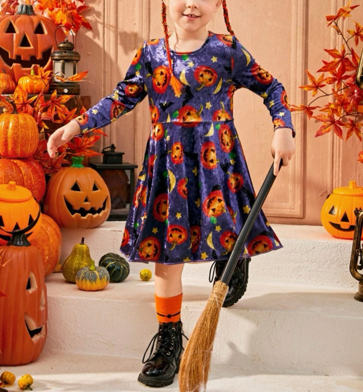 Toddler girls Halloween print velvet dress
