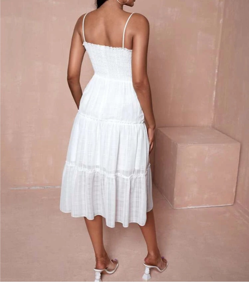 Tall Shirred Layered Frill Trim Ruffle Hem Cami Dress