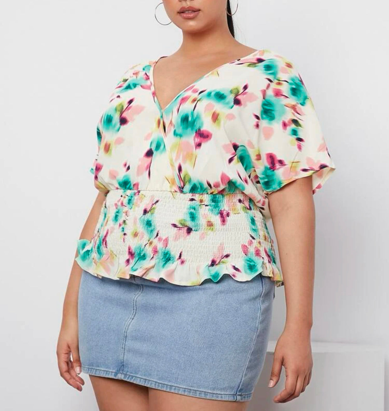 Curve and plus allover print overlap collar dolman sleeve shirred ruffle hem blouse