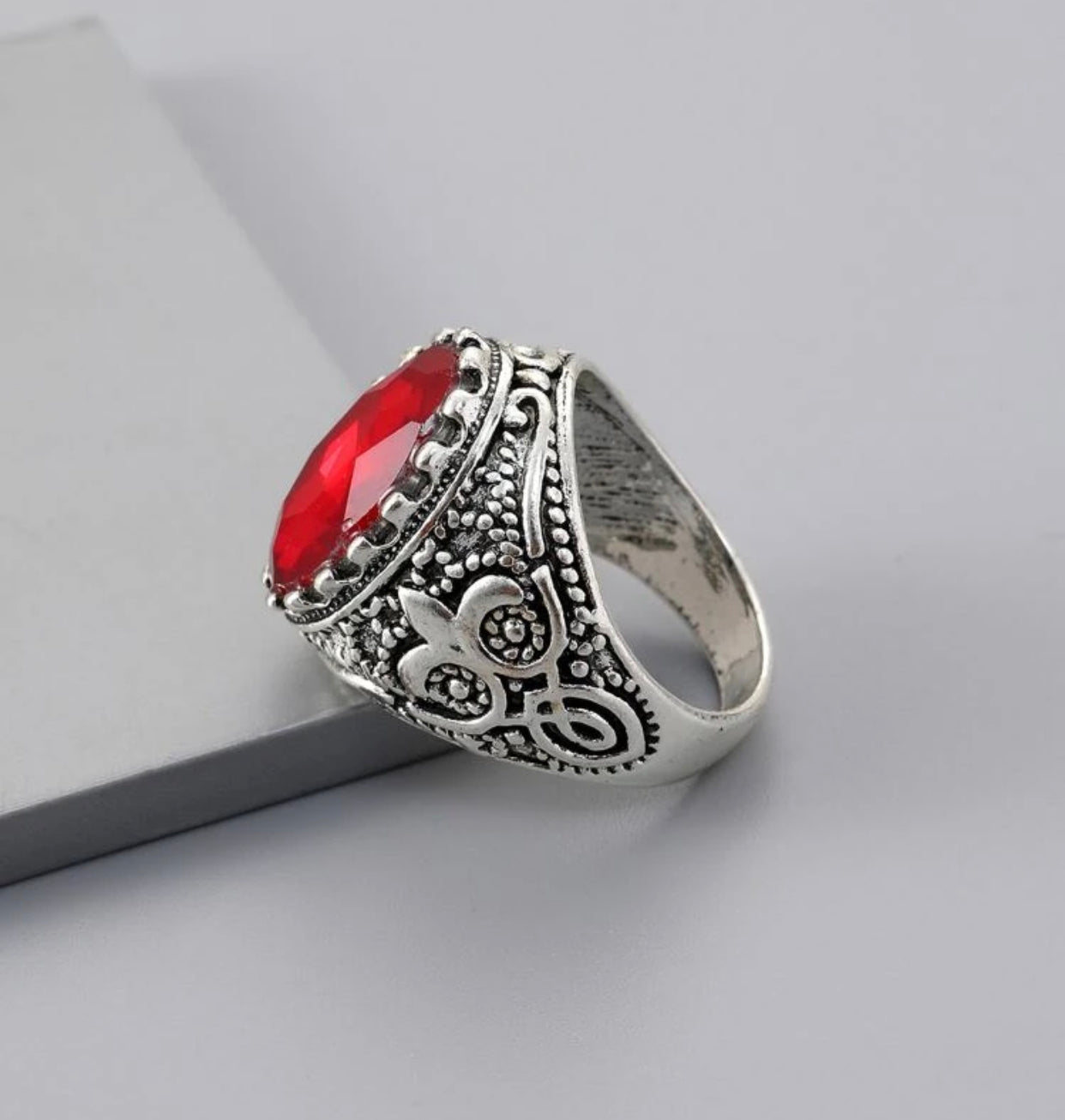 Ruby red mens vintage inspired ring. Size 10.