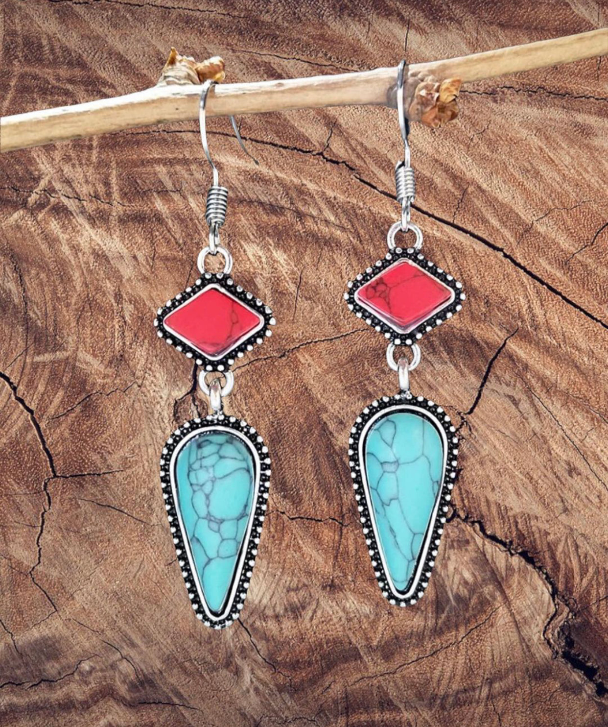 Stylish and sophisticated turquoise and coral inspired silver dangle earrings
