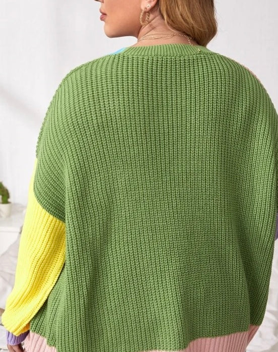 Plus Color Block Shoulder Drop Shoulder Open Front Cardigan