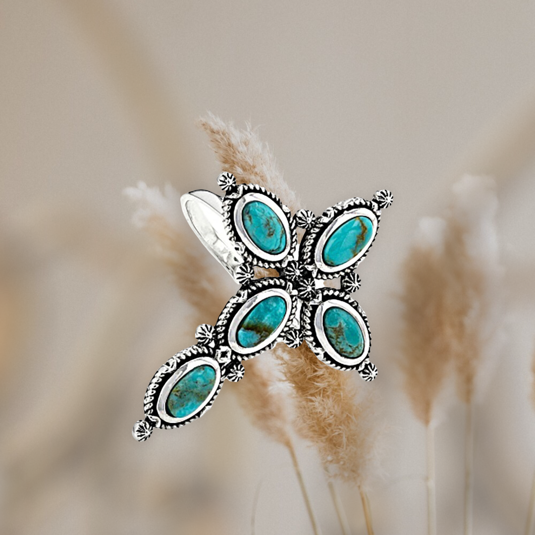 Turquoise inspired cross statement ring. Size 8.