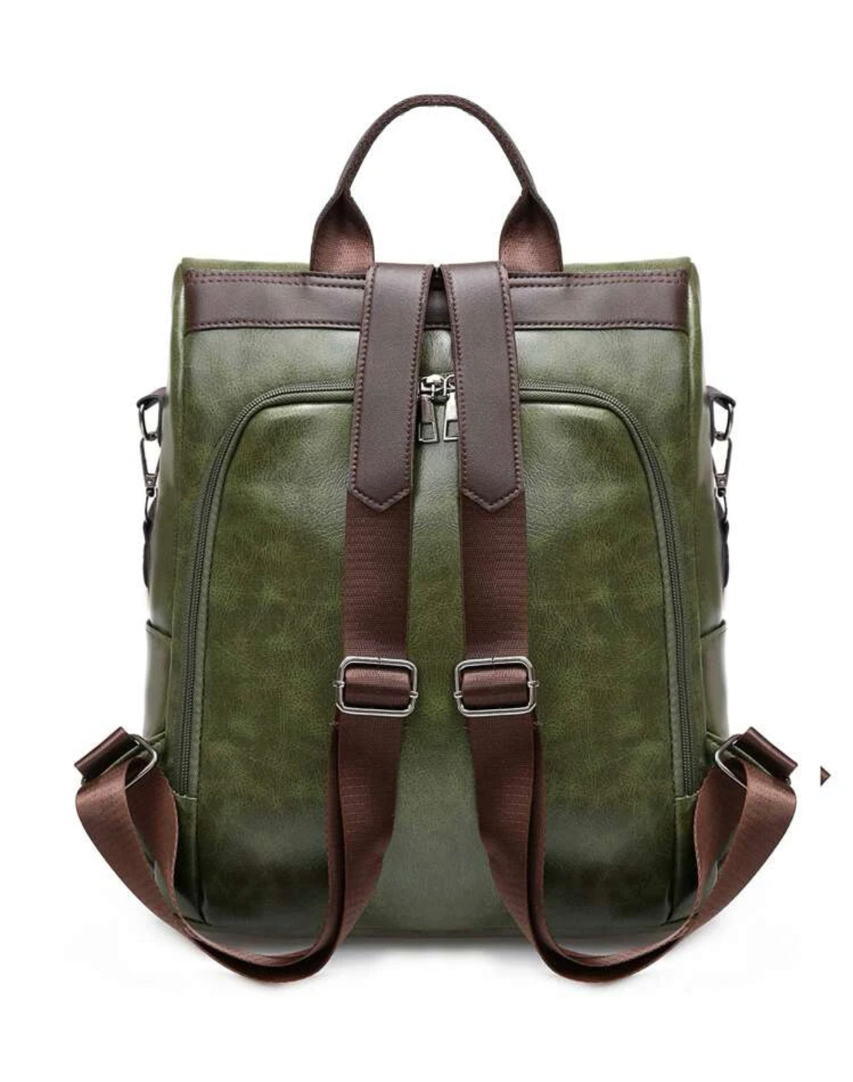 Green color block zipper front functional backpack