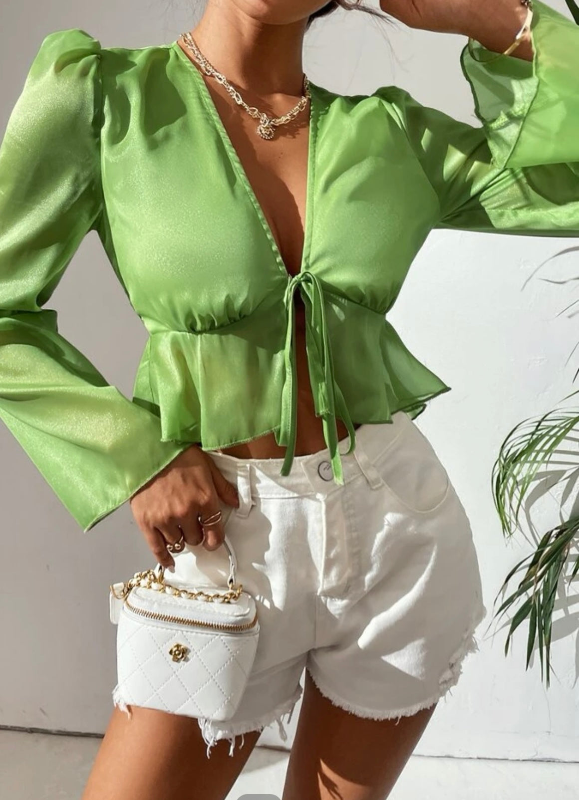 Petite knot front puff sleeve crop peplum blouse