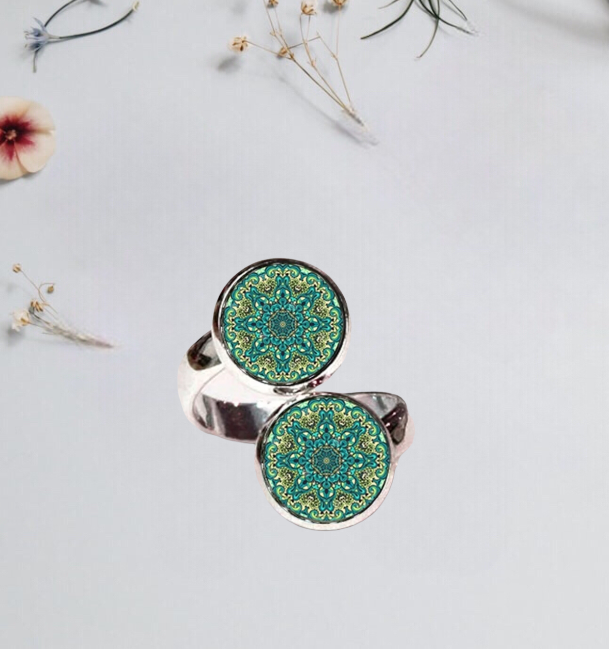 Mandala Two Ball Ring Handmade Glass Dome Ring. Resizable.