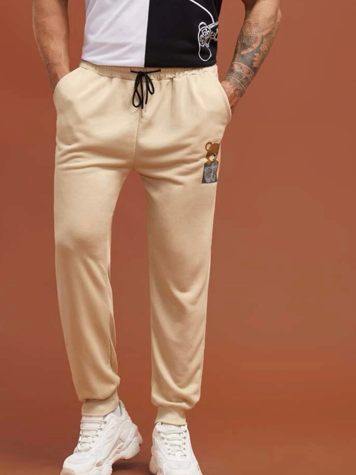 Extended sizes men bear print drawstring waist sweatpants