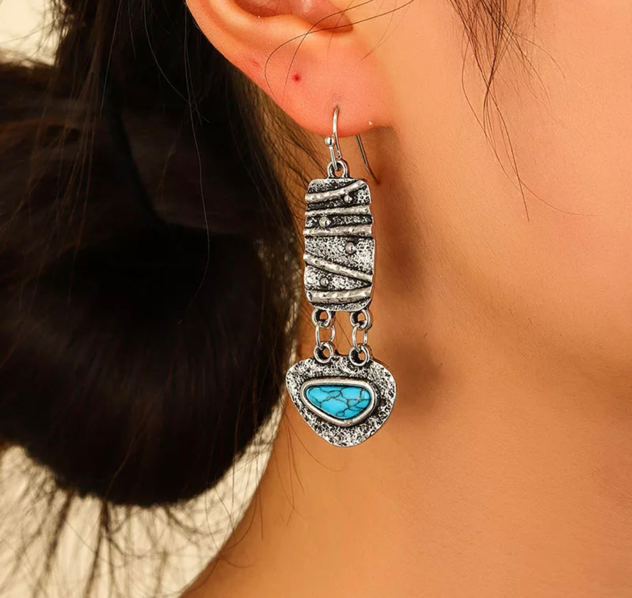 Triangle blue stone Tibetan inspired carved metal dangle earrings