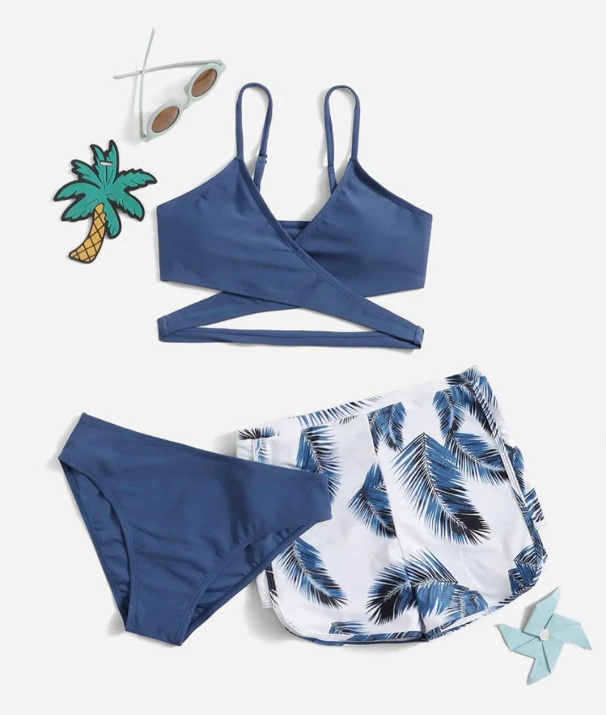Teen girls plant print wrap bikini swimsuit with beach shorts