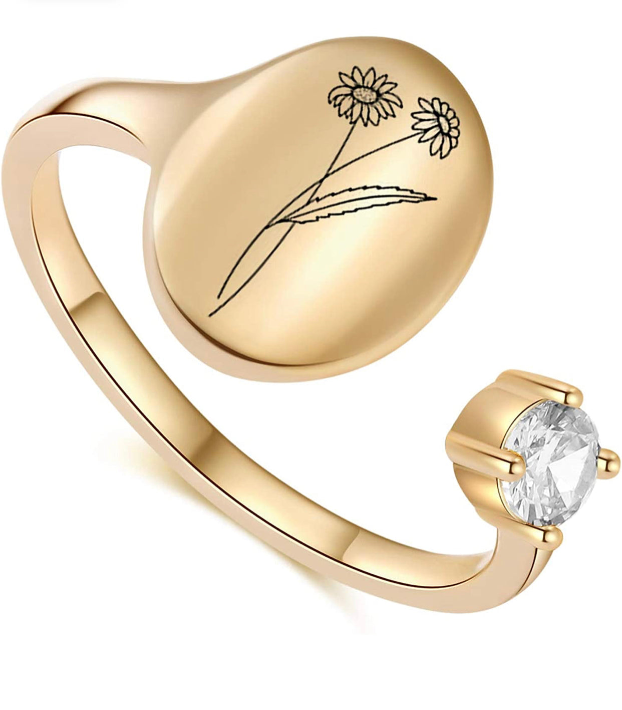 Handmade Birth Month Flower Signet 14K Gold Plated Ring Birth Stone Ring