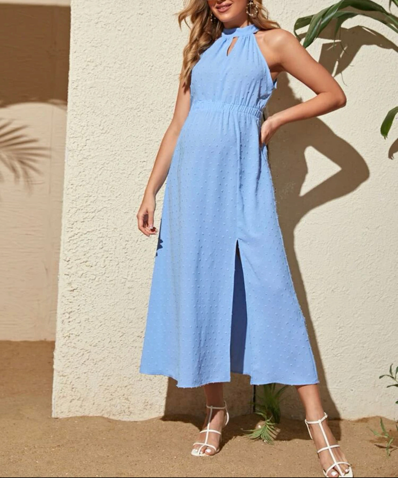 Maternity swiss dot tie back split thigh dress