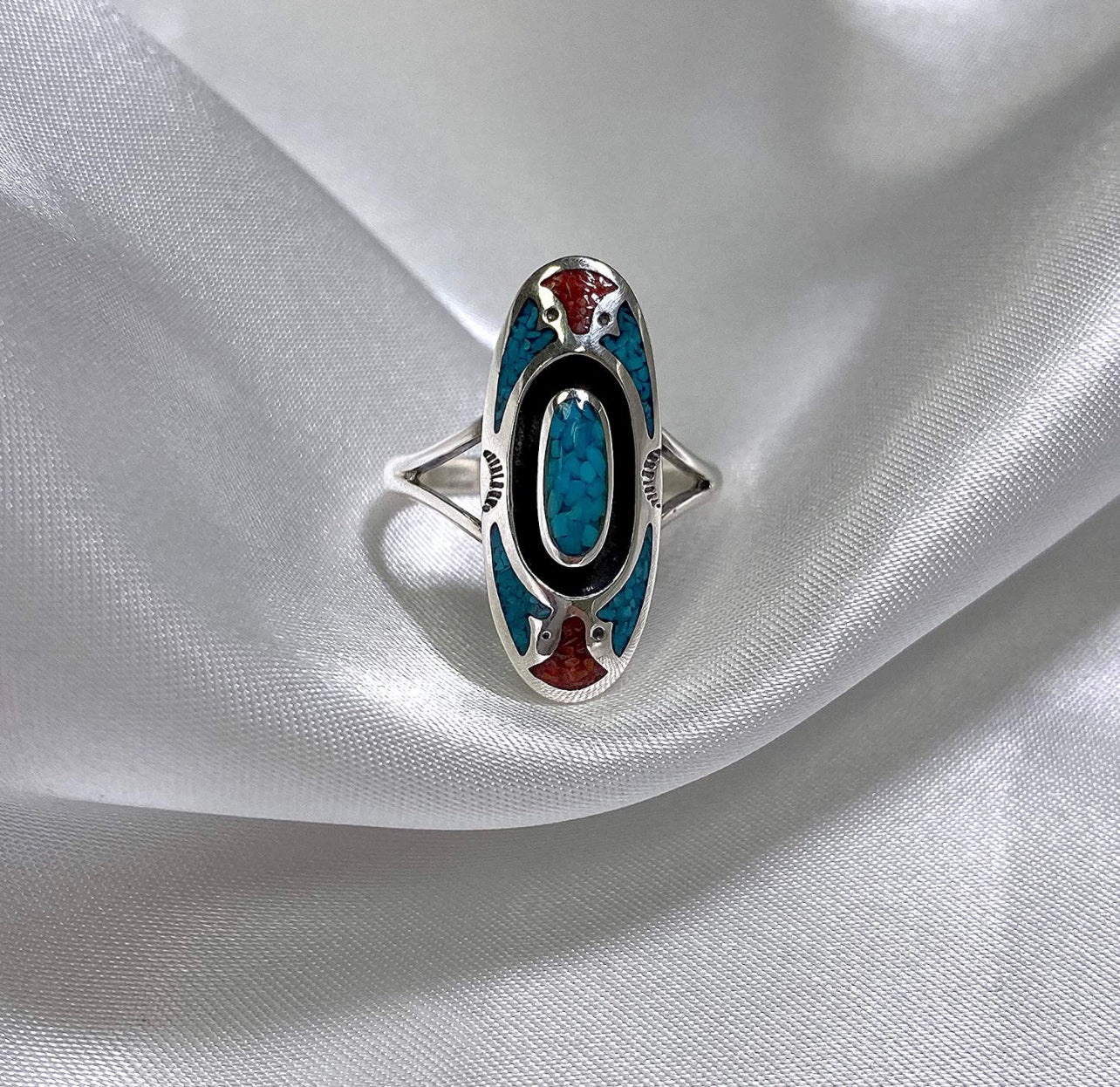 Southwestern Style Oblong Shape Turquoise and Coral Gemstone Sterling Silver Ring