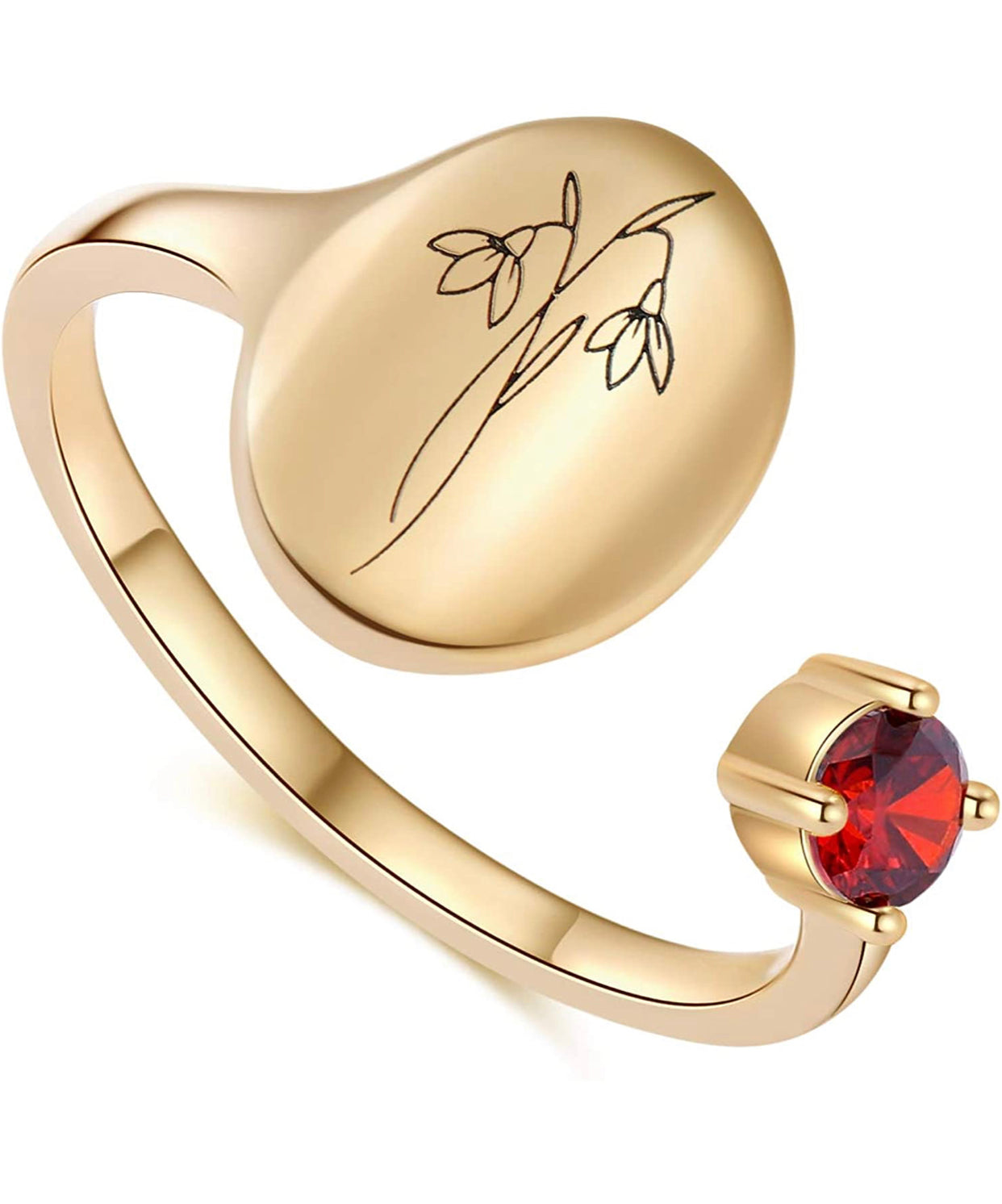 Handmade Birth Month Flower Signet 14K Gold Plated Ring Birth Stone Ring