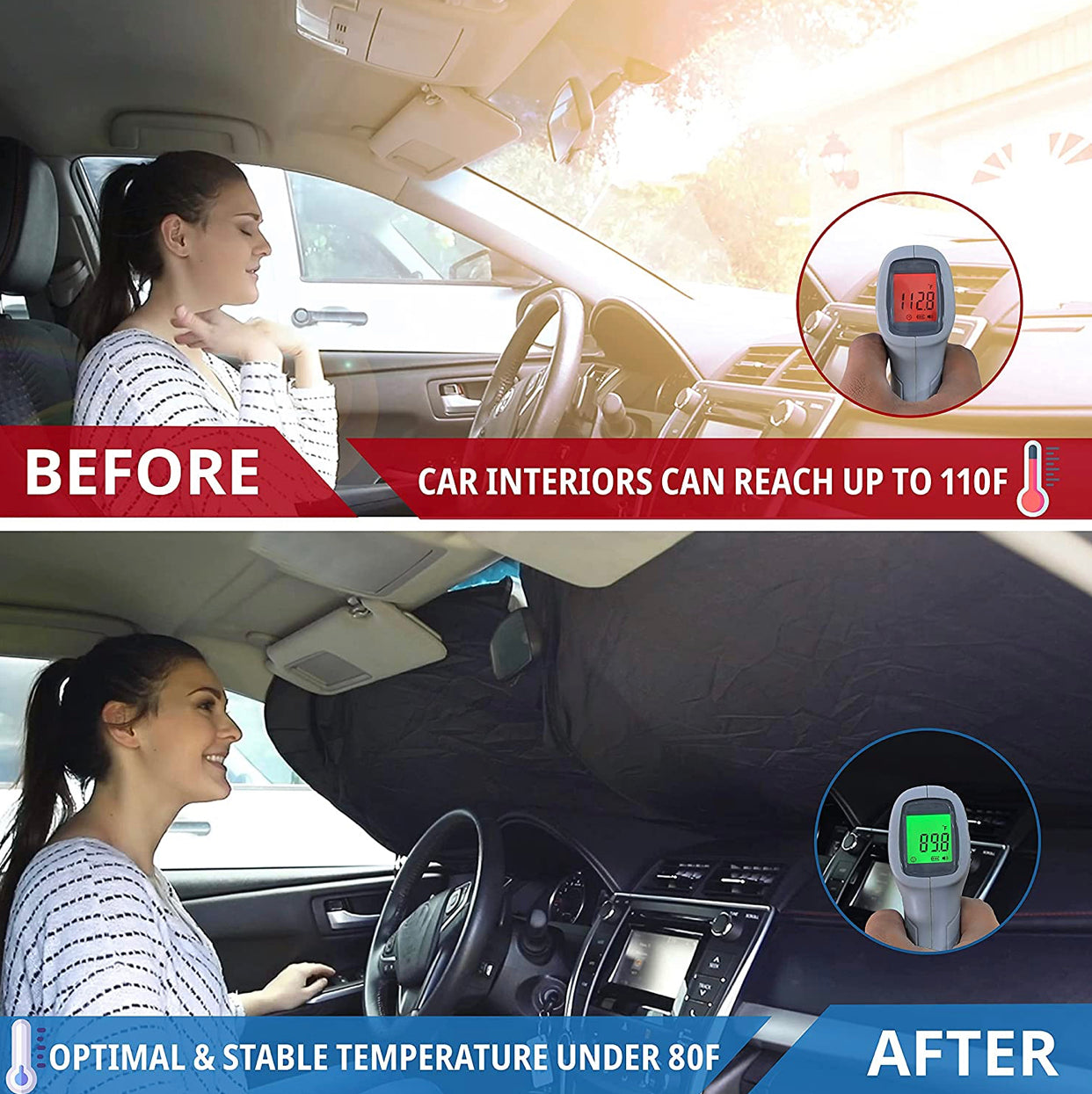 Car Windshield Sun Shade with Storage Pouch | Durable 240T Material Car Sun Visor for UV Rays and Sun Heat Protection