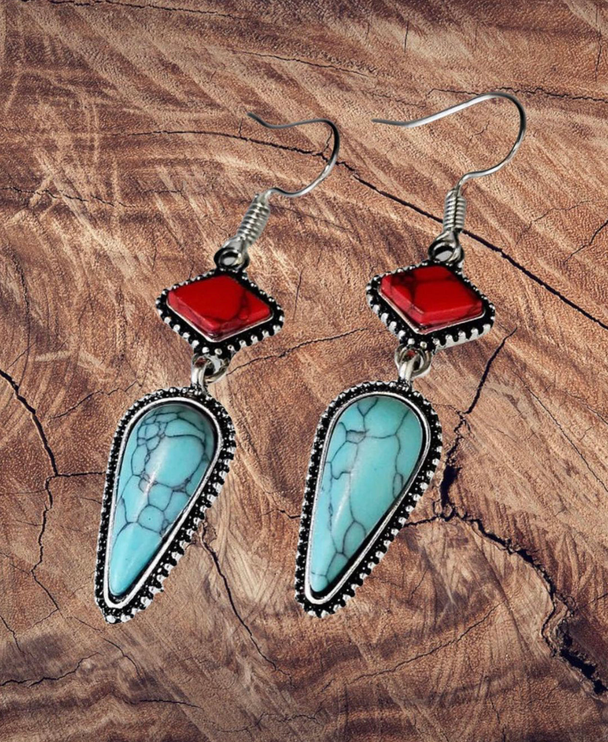 Stylish and sophisticated turquoise and coral inspired silver dangle earrings