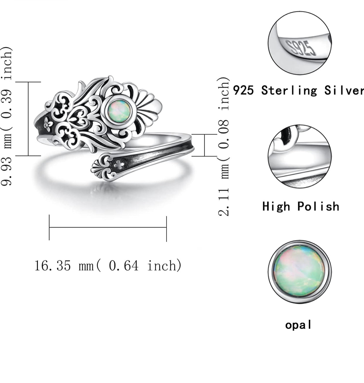 Sterling Silver Opal Spoon Ring - S925 Victorian Vintage Flower white Opal spoon ring. Adjustable in size.