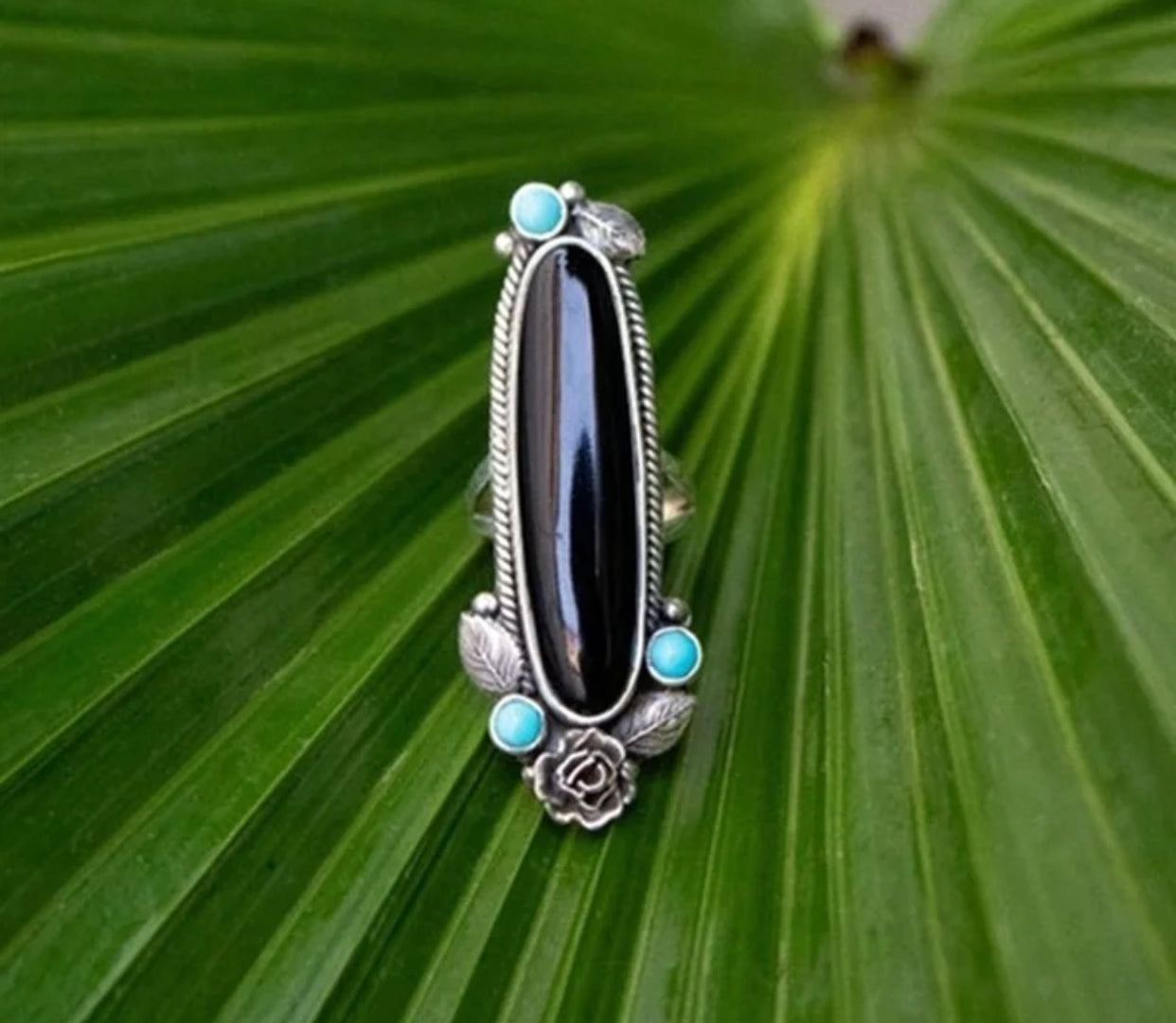 Boho Black Onyx inspired floral accent statement ring. Size 7.
