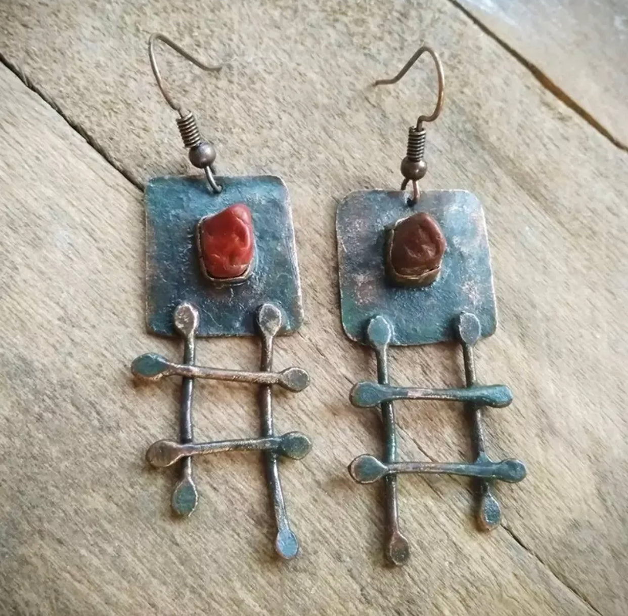 Ethnic Bronze Blue Square Metal Dangle Earrings Tribal Jewelry Double Cross Red Natural Stone Geometric Earrings for Women