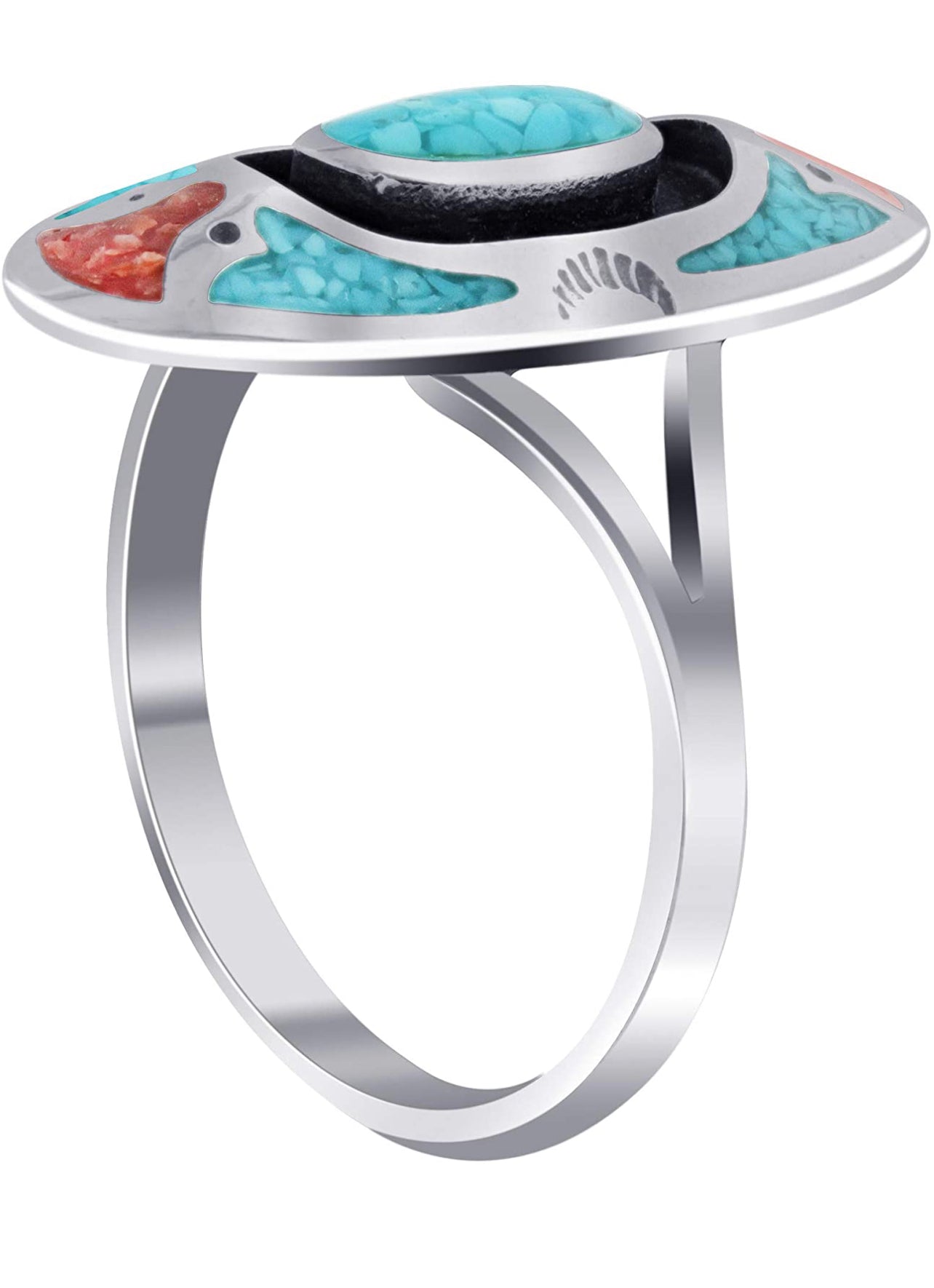 Southwestern Style Oblong Shape Turquoise and Coral Gemstone Sterling Silver Ring