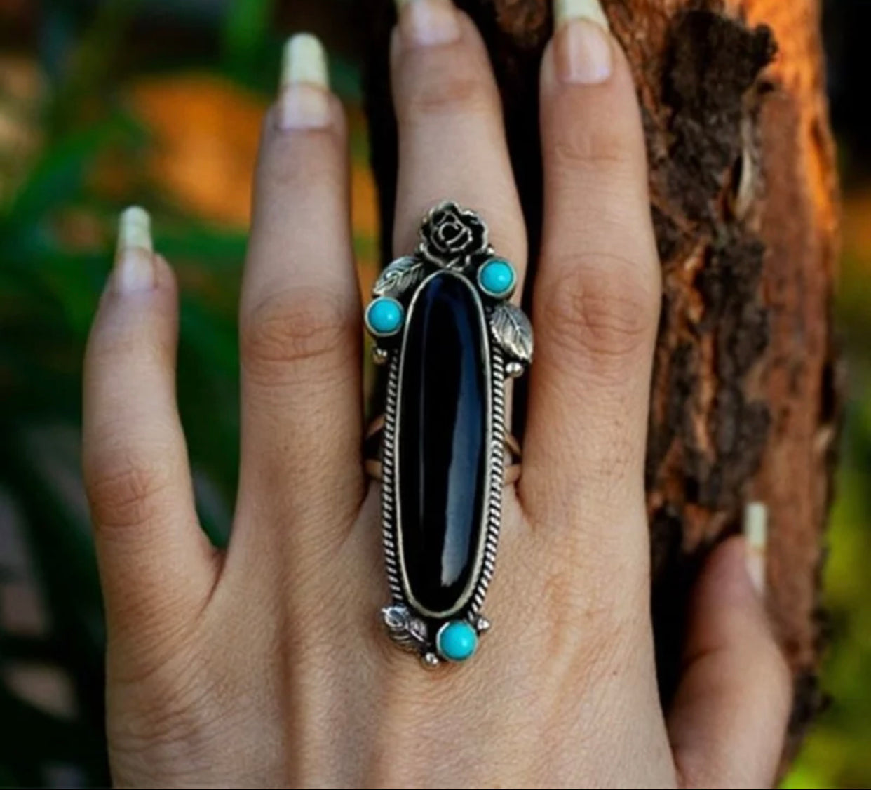 Boho Black Onyx inspired floral accent statement ring. Size 7.