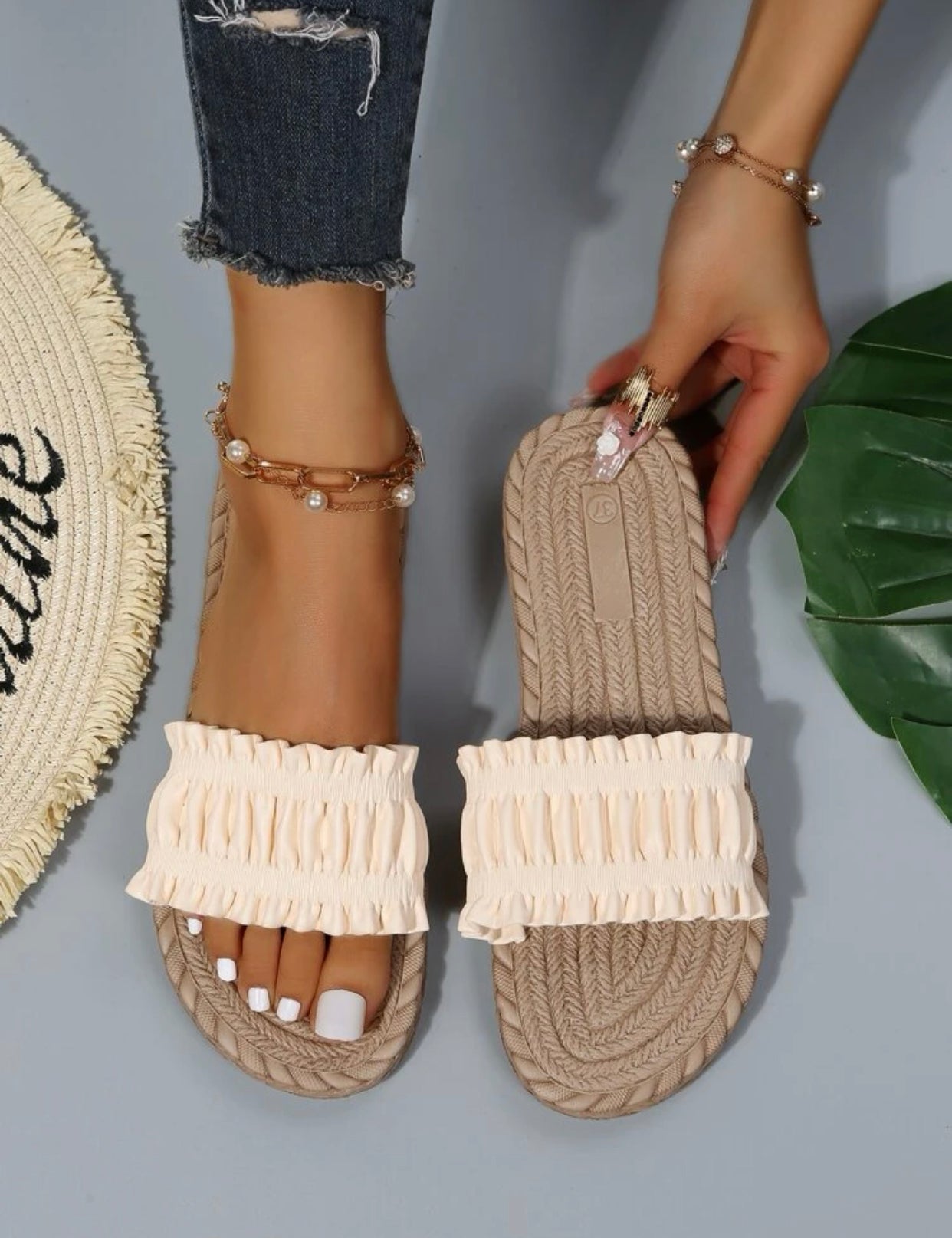 Ruched frill trim single band slide sandals