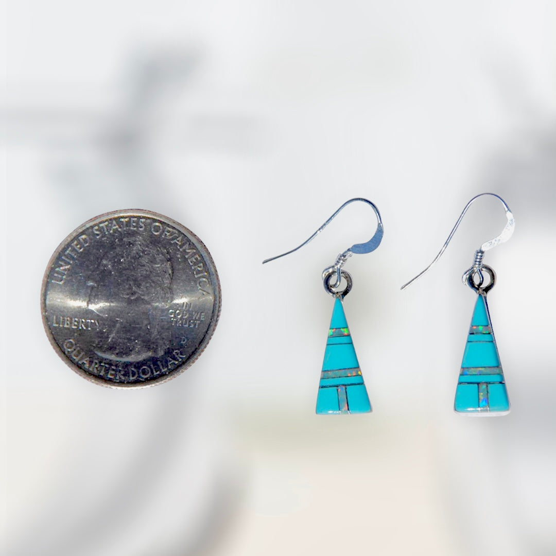 Small Pyramid Shape Handcrafted St. Silver Inlaid Stabilized Turquoise Created Opal Stone Earrings