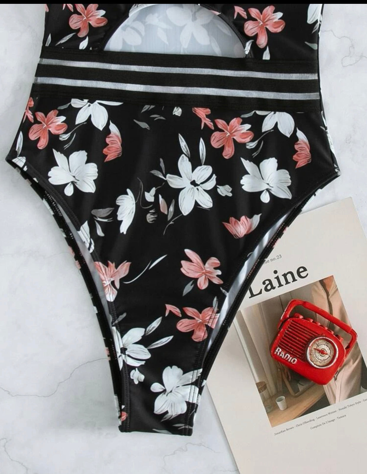 Floral ring linked contrast mesh one piece swimsuit