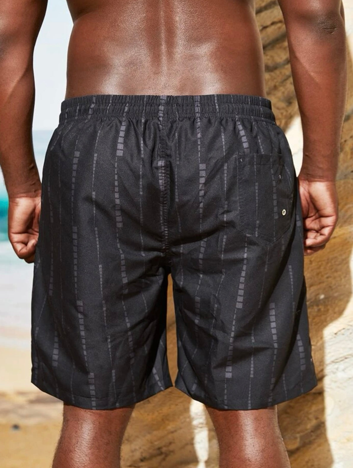 Extended sizes men geo print drawstring waist swim trunks