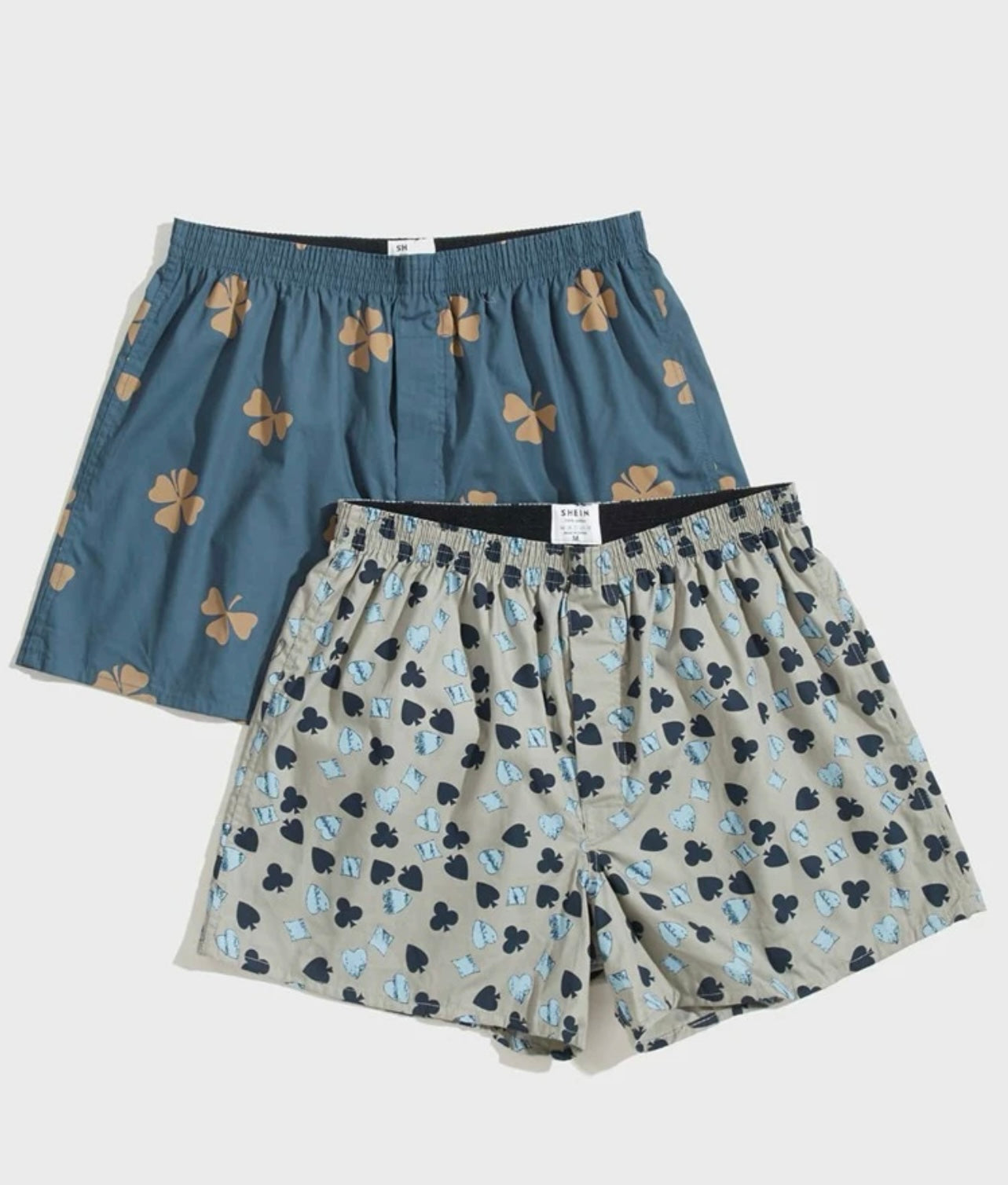 Men 2pcs random clover & playing card print pajama shorts
