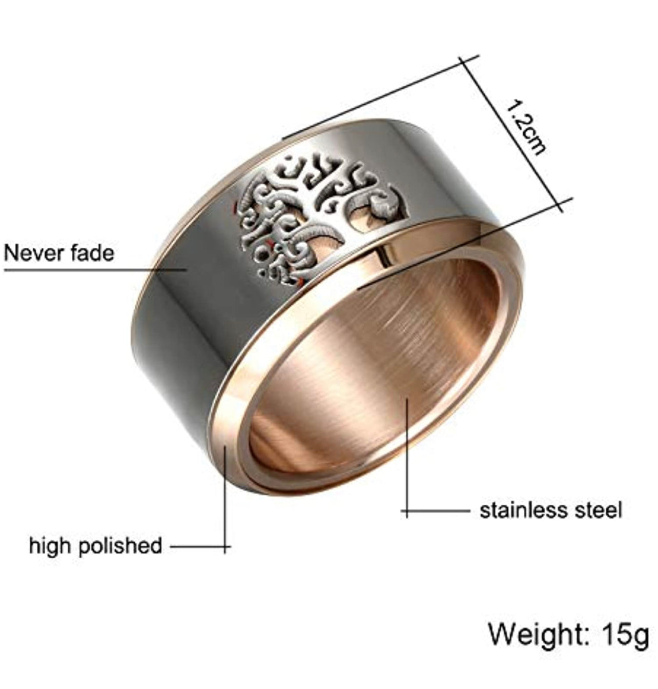 Rose gold 12mm Stainless Steel Rotating Spinning Anxiety Relief Tree of Life Wedding Band Anniversray Promise Ring