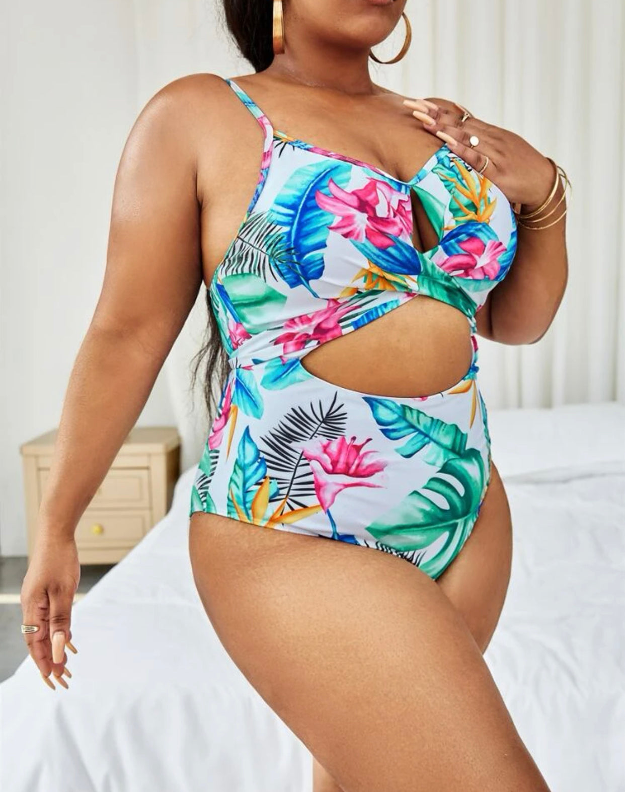 Tropical print cut out twist push up one piece swimsuit