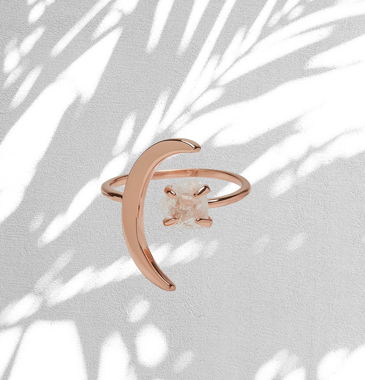 Rose Gold-Plated Crescent Moon Ring w/White Crystal