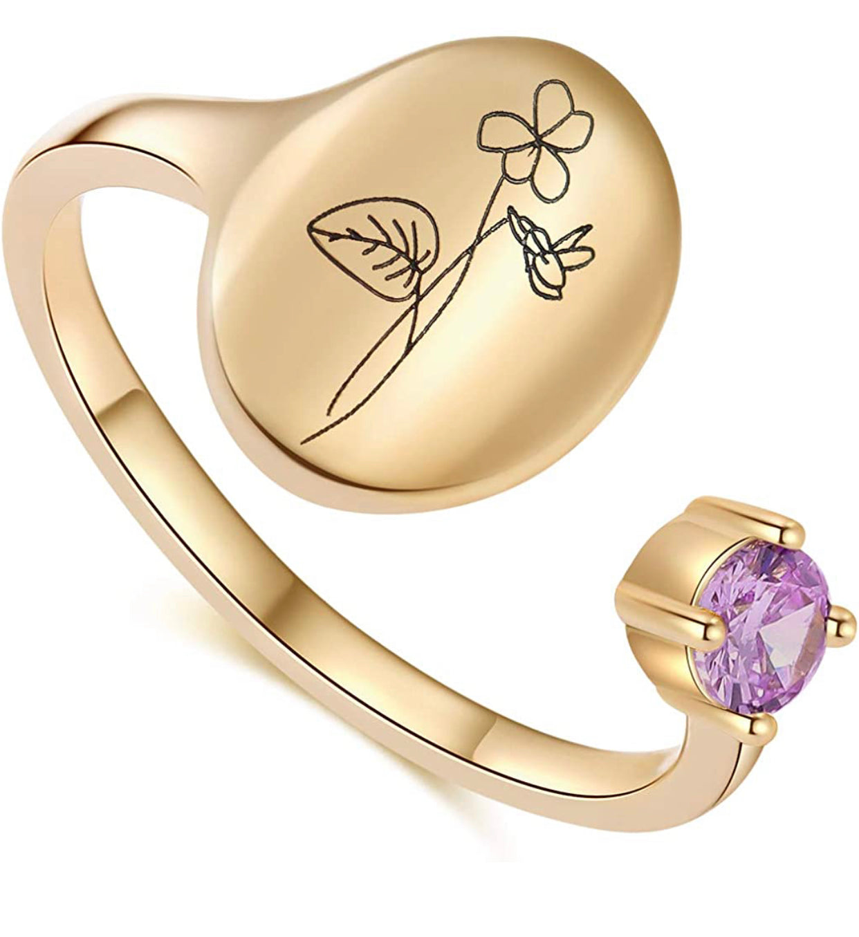 Handmade Birth Month Flower Signet 14K Gold Plated Ring Birth Stone Ring