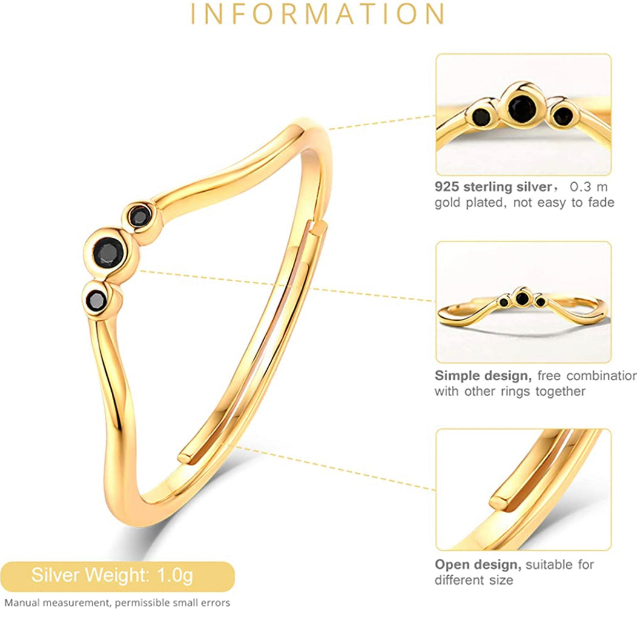 Black zircon Gold Plated stackable band ring.