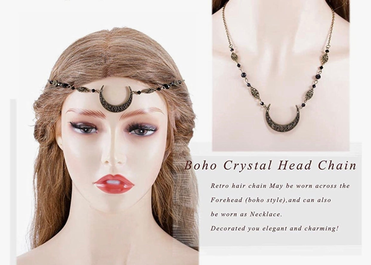 Boho Crescent Moon Head Chain Vintage Crystal necklace or headpiece