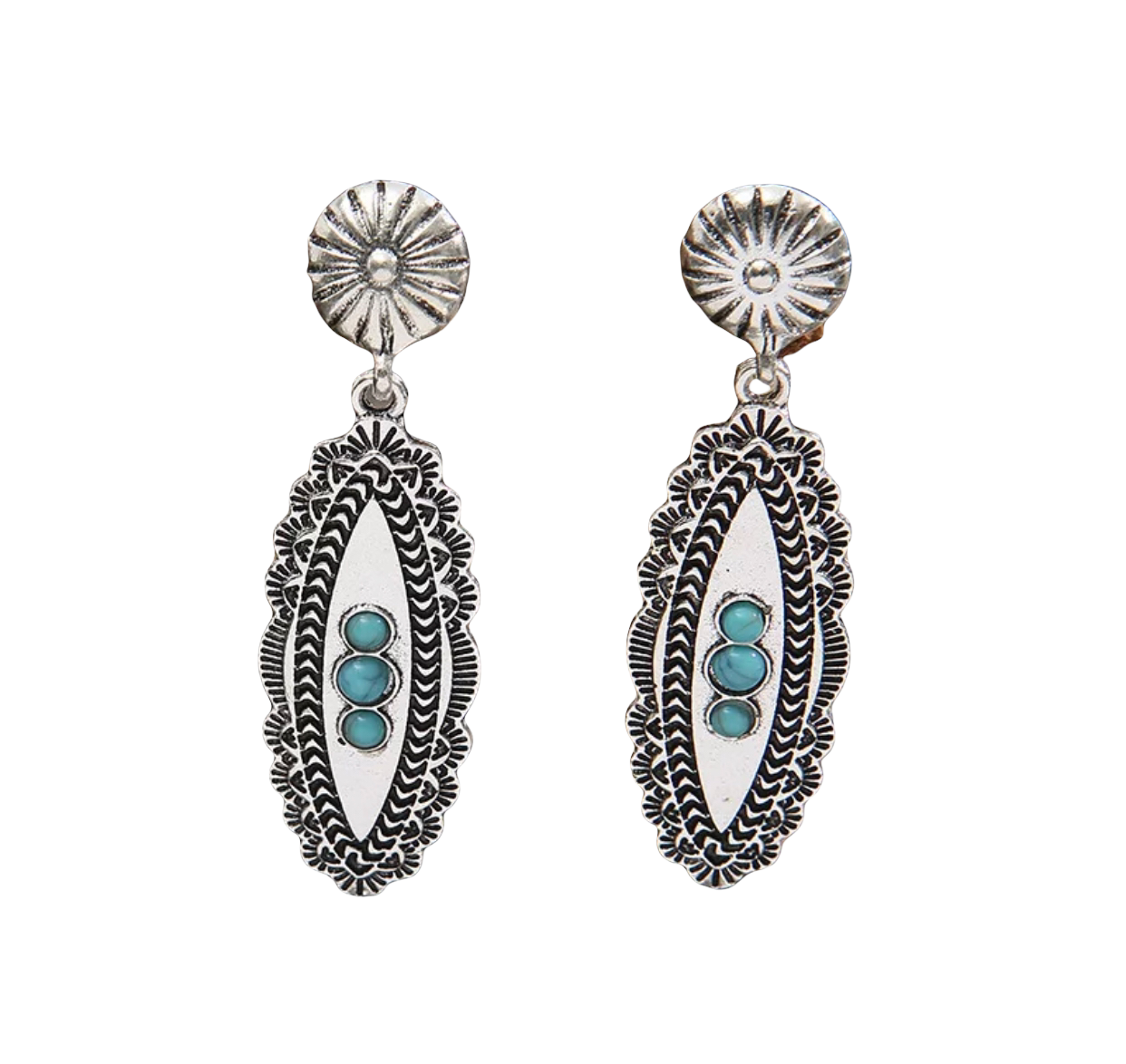 Carved metal turquoise decor drop earrings