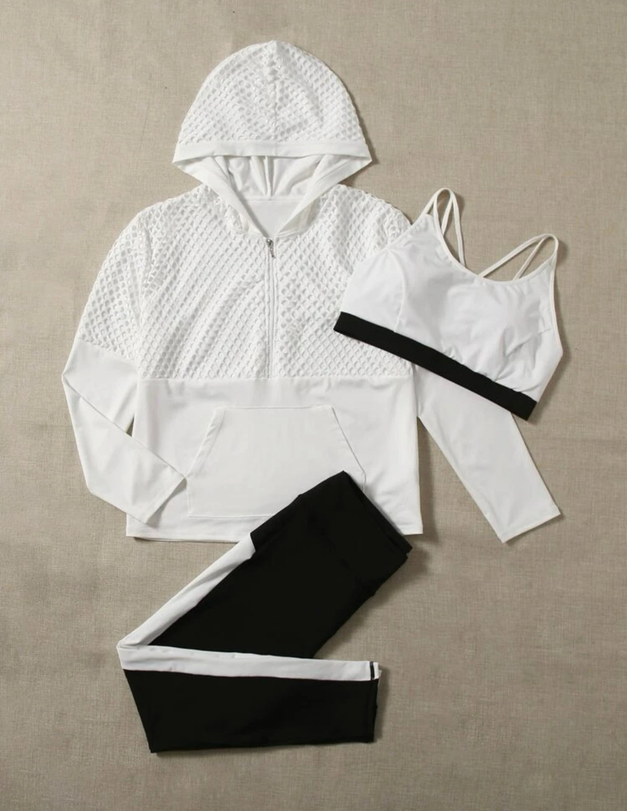 Curve and plus 3 piece lightweight contrast panel hollow out half zipper hooded sports set