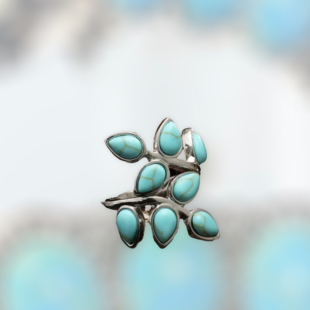 Blue swirl leaf design statement ring. Size 8.