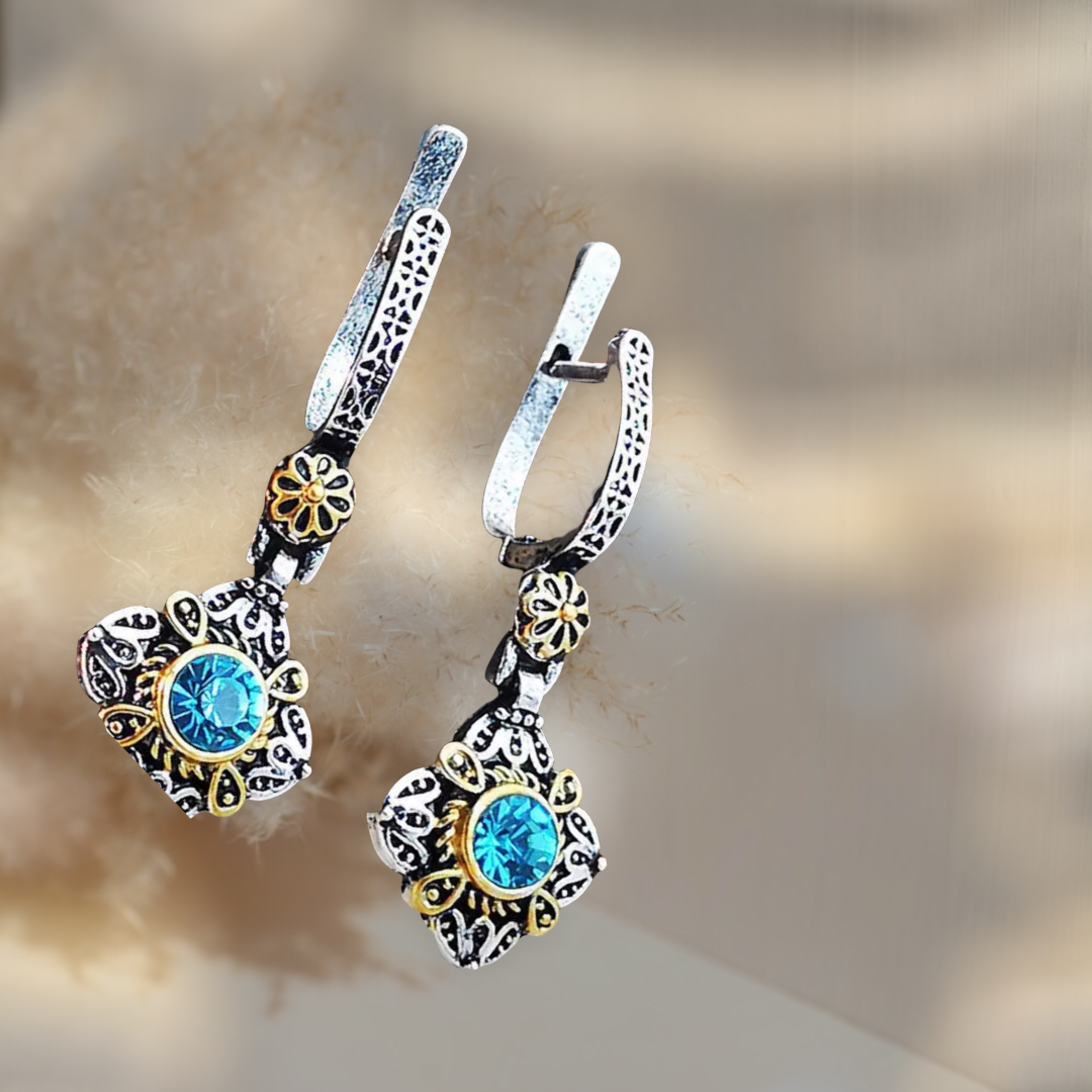 Stunning two tone floral blue zircon drop earrings