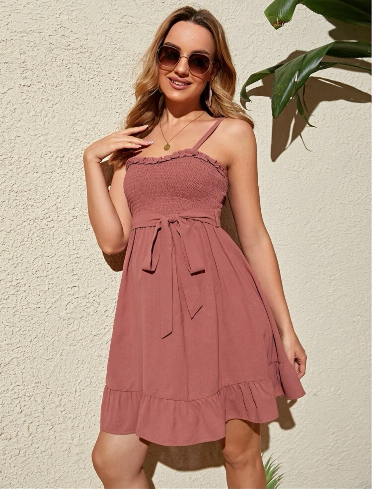Maternity shirred lettuce trim ruffle hem belted cami dress