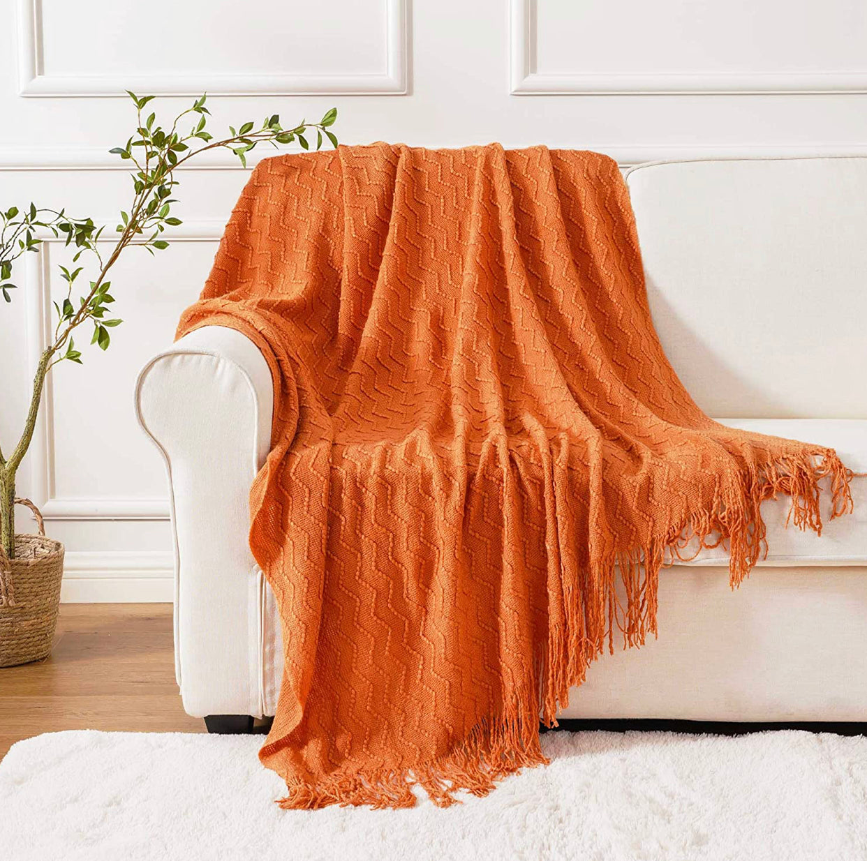 Burnt Orange Throw Blanket. Lightweight Textured Solid Fall Decor Throw, 50"x60".