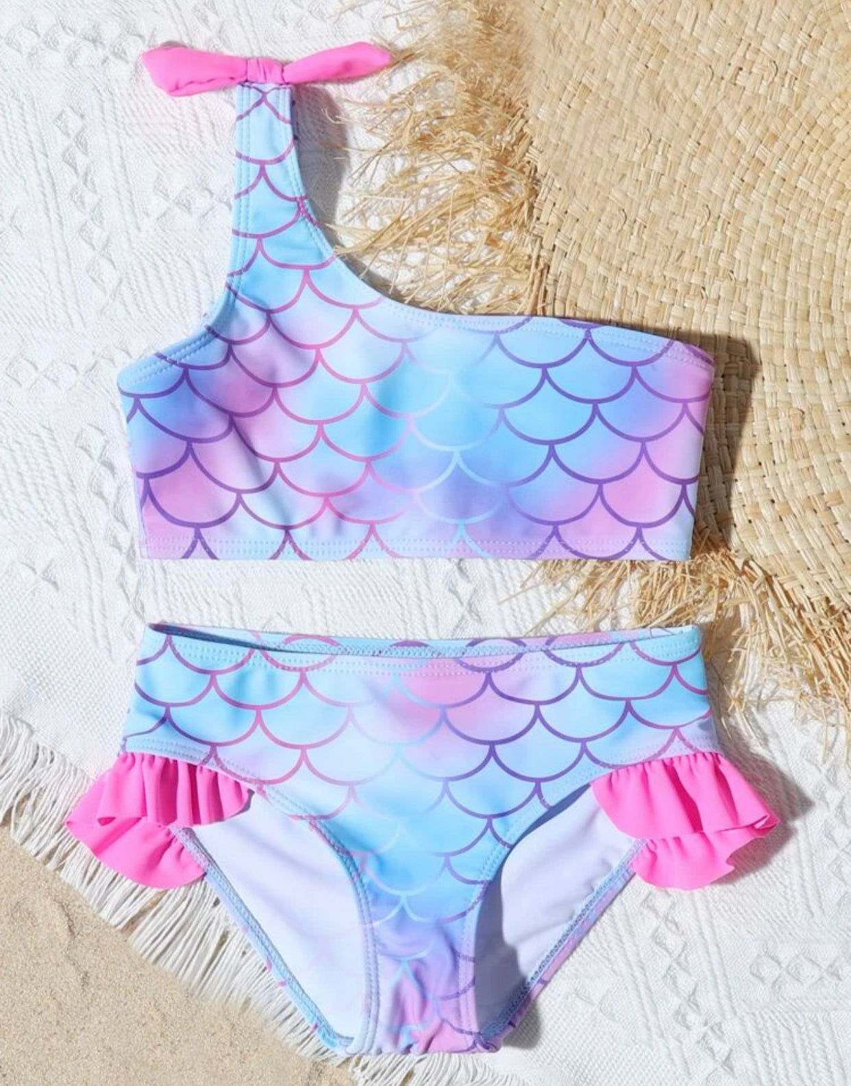 Multicolor toddler girls fish scale print one shoulder bikini swimsuit