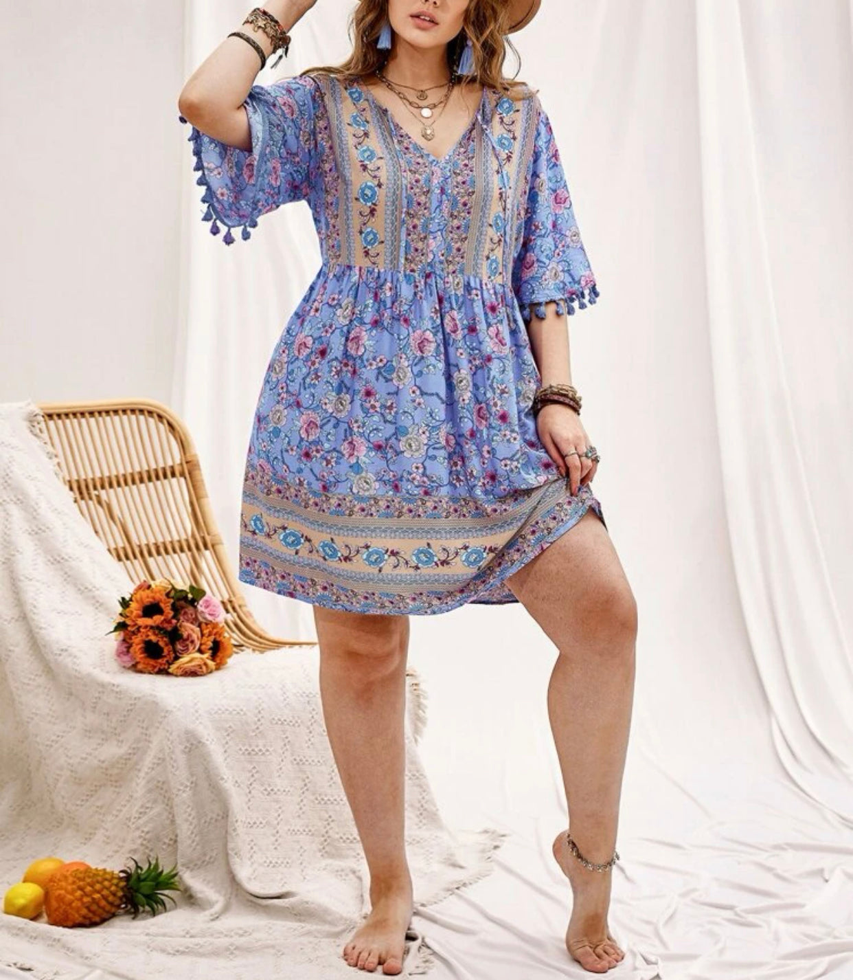 Plus floral print tie front tassel trim dress