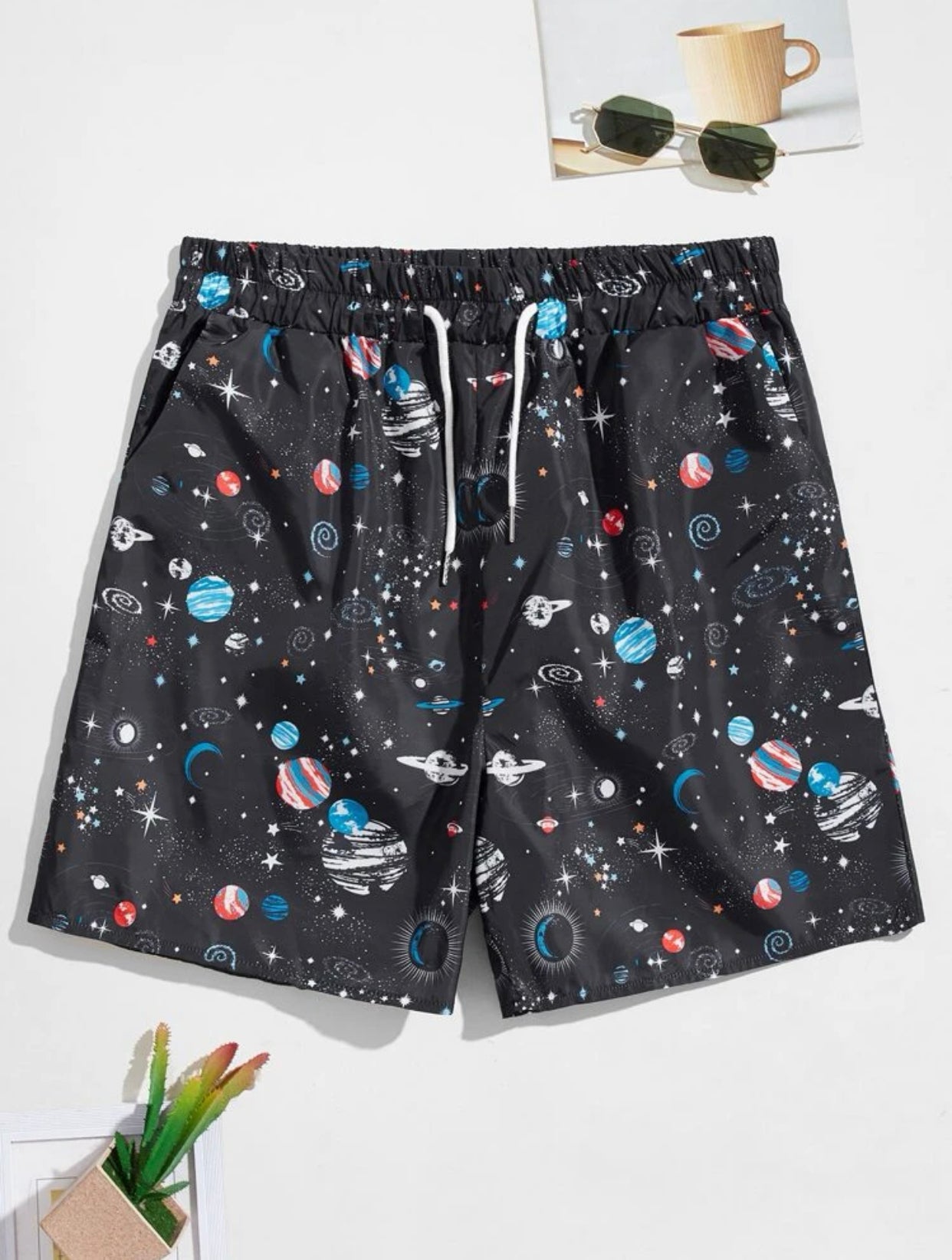 Men’s planets print drawstring swim trunks