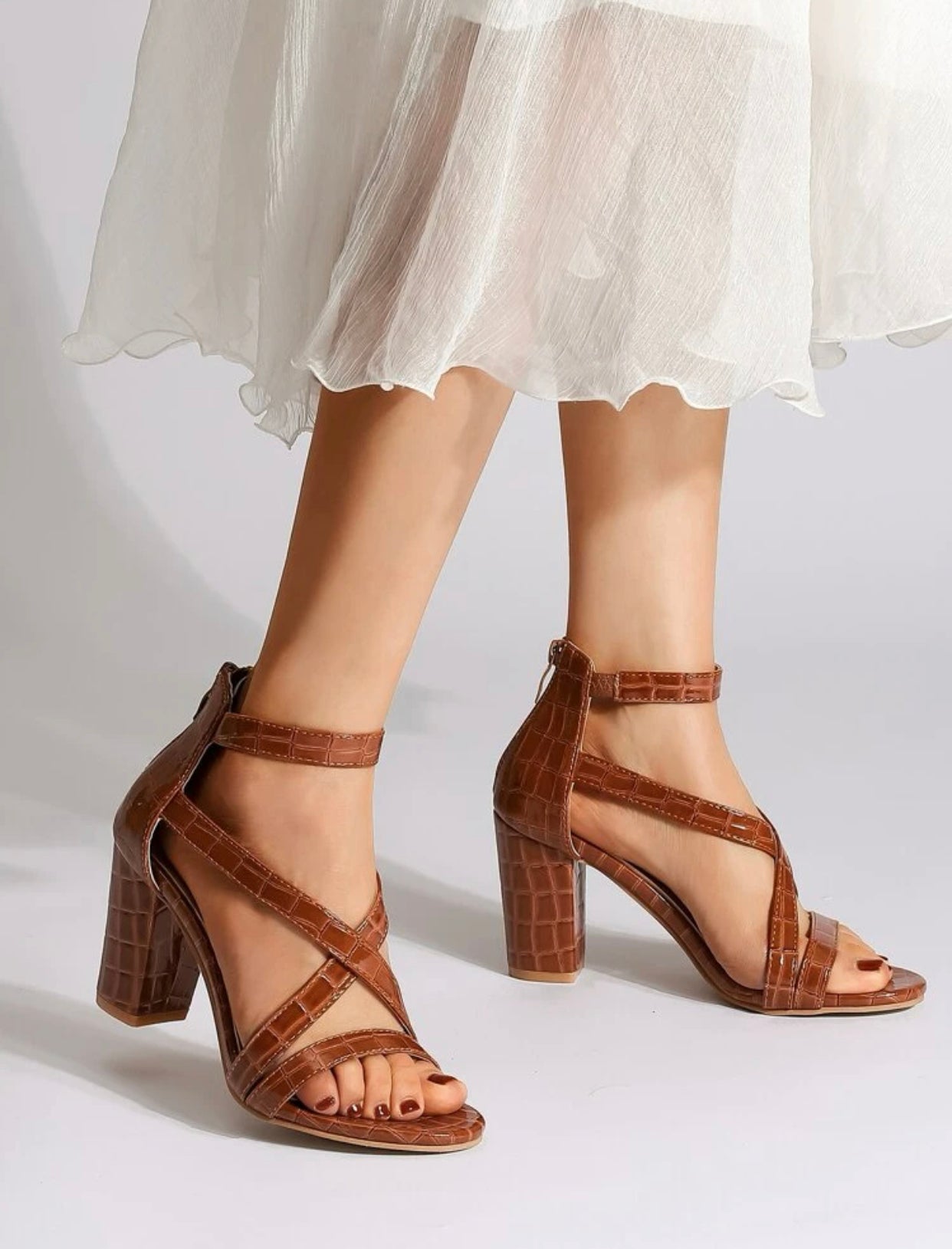 Vegan crocodile embossed criss cross chunky heeled sandals