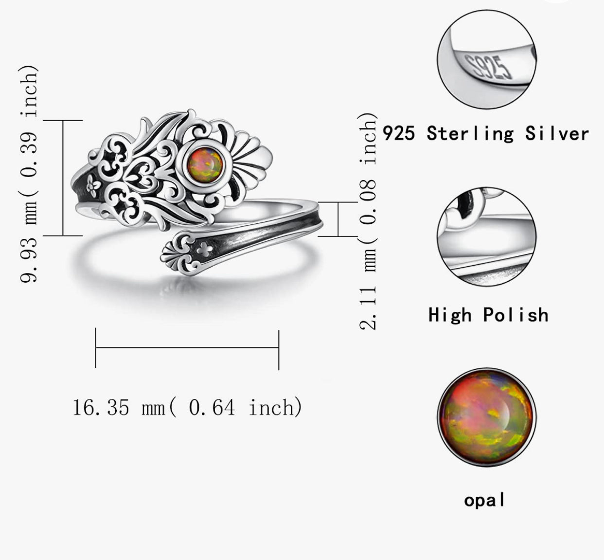 Fire Opal Sterling Silver Opal Spoon Ring - S925 Victorian Vintage Flower spoon ring