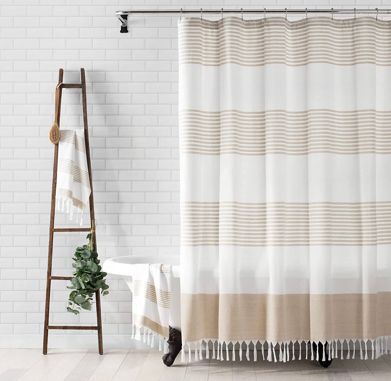 Boho Harper Stripe Knotted-Tassel Fabric Shower Curtain, 72 Inches by 72 Inches