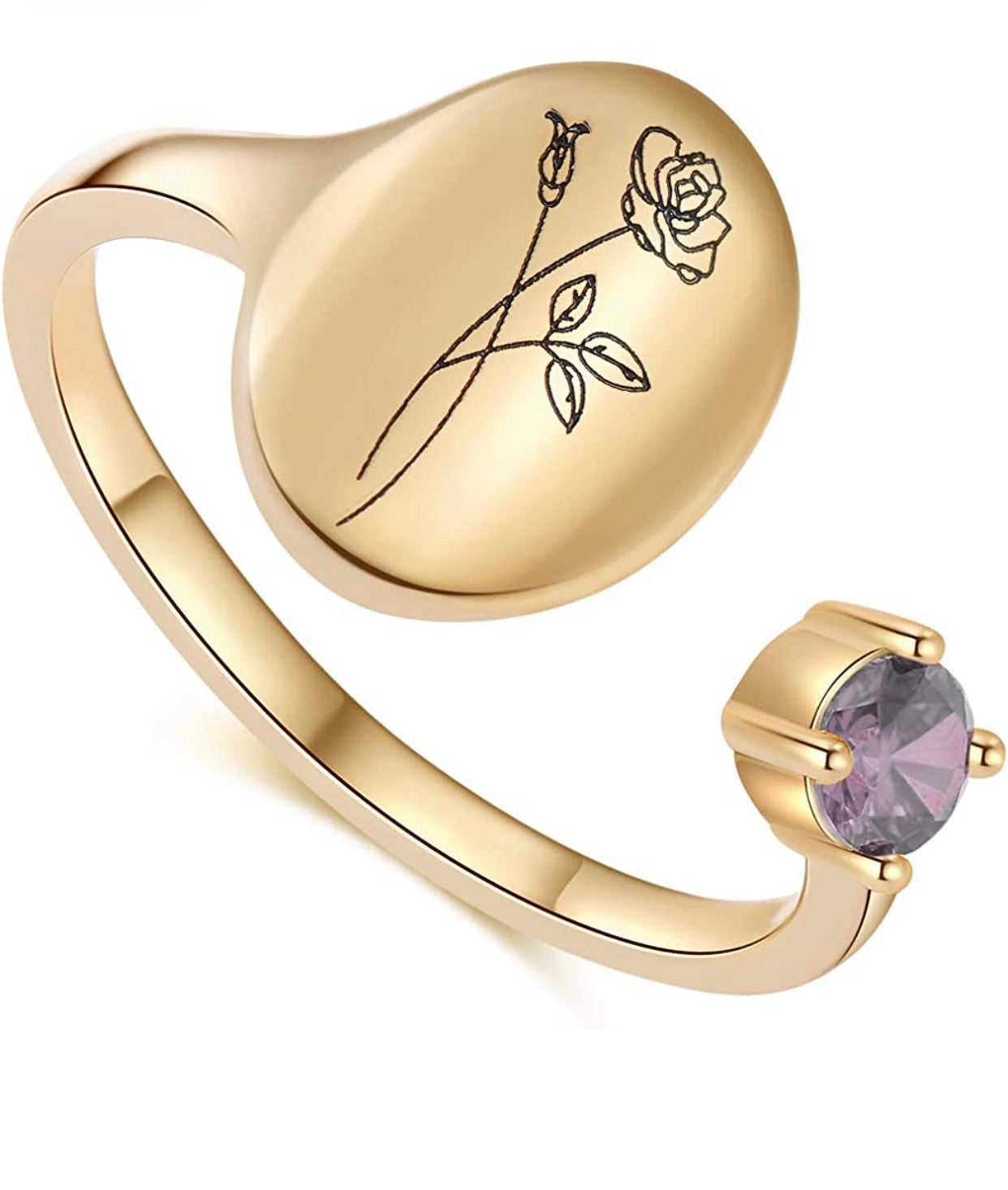 Handmade Birth Month Flower Signet 14K Gold Plated Ring Birth Stone Ring