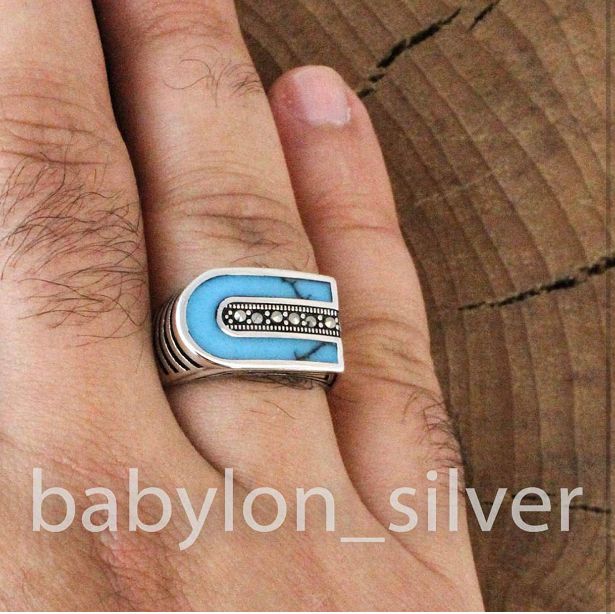 Solid 925 Sterling Silver Turkish Handmade Marcasite & Simulated Turquoise Luxury Men's Ring - Christina’s unique boutique LLC