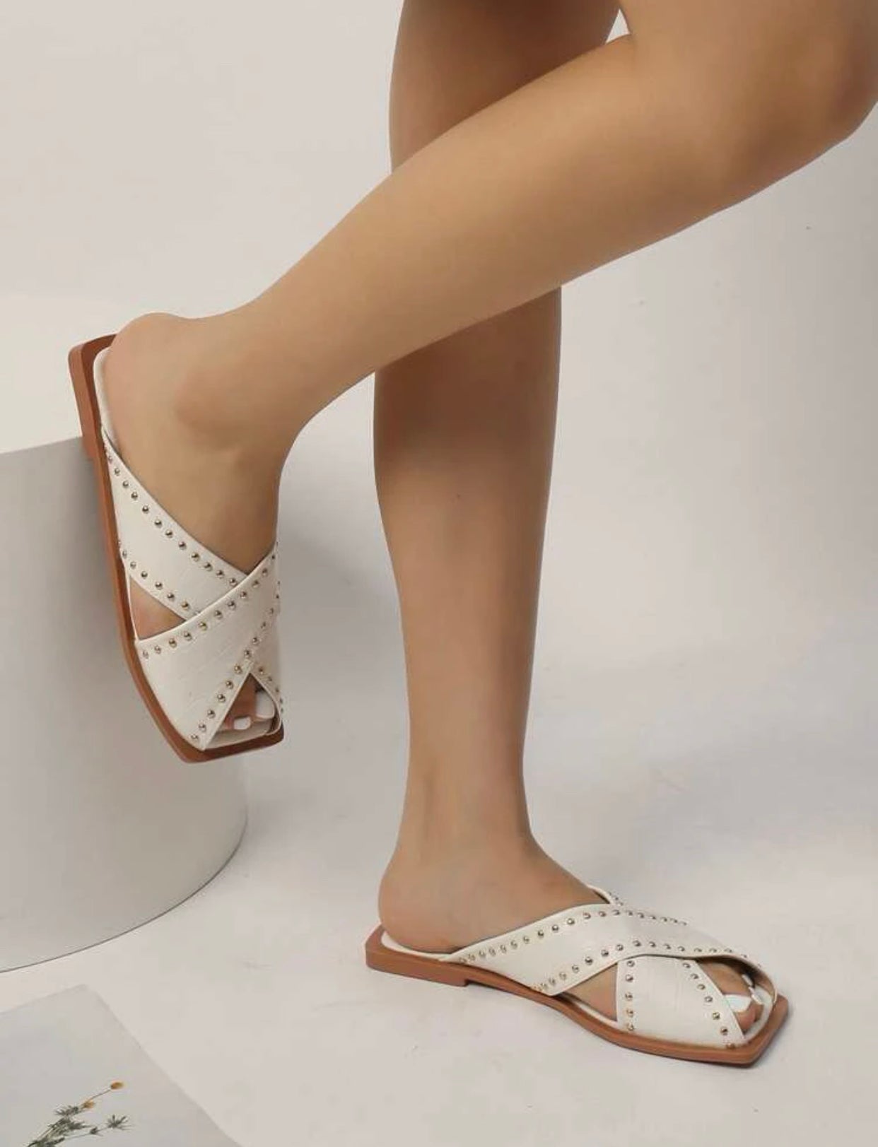 Crocodile embossed studded decor criss cross slide sandals